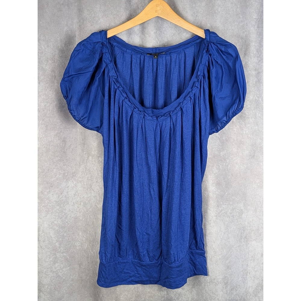 Express Royal Blue Puff Sleeve Pleated Scoop Neck Banded Hem Blouse Small C181